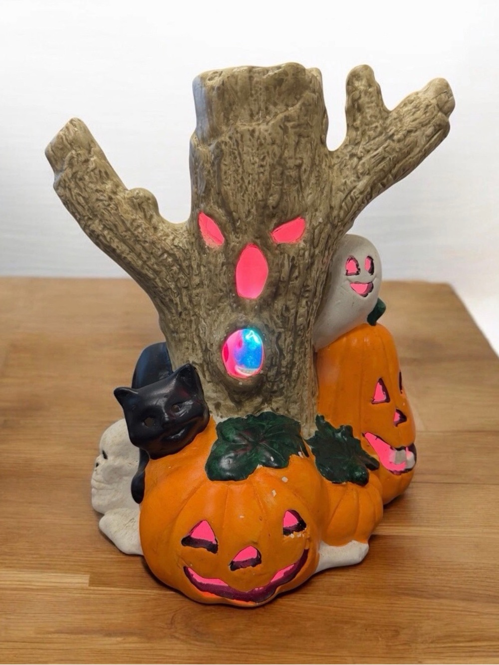 Vintage Halloween Light Up Ceramic Scary Tree Ghost Jack O Lantern
